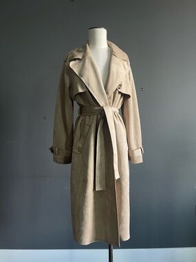 Taupe Faux Suede Trench Coat Minimal Quiet Luxury Belted Duster Soft French Chic